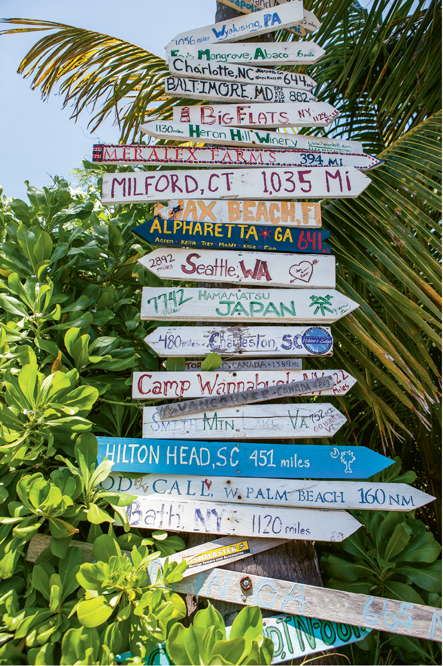 Visitors from around the world attach signs for their own hometowns to posts around the island.