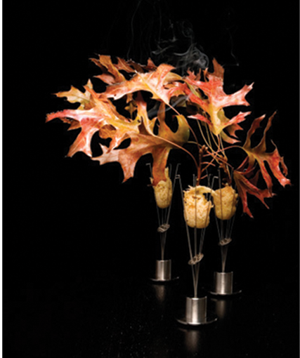 Pheasant served with burning oak leaves at Alinea
