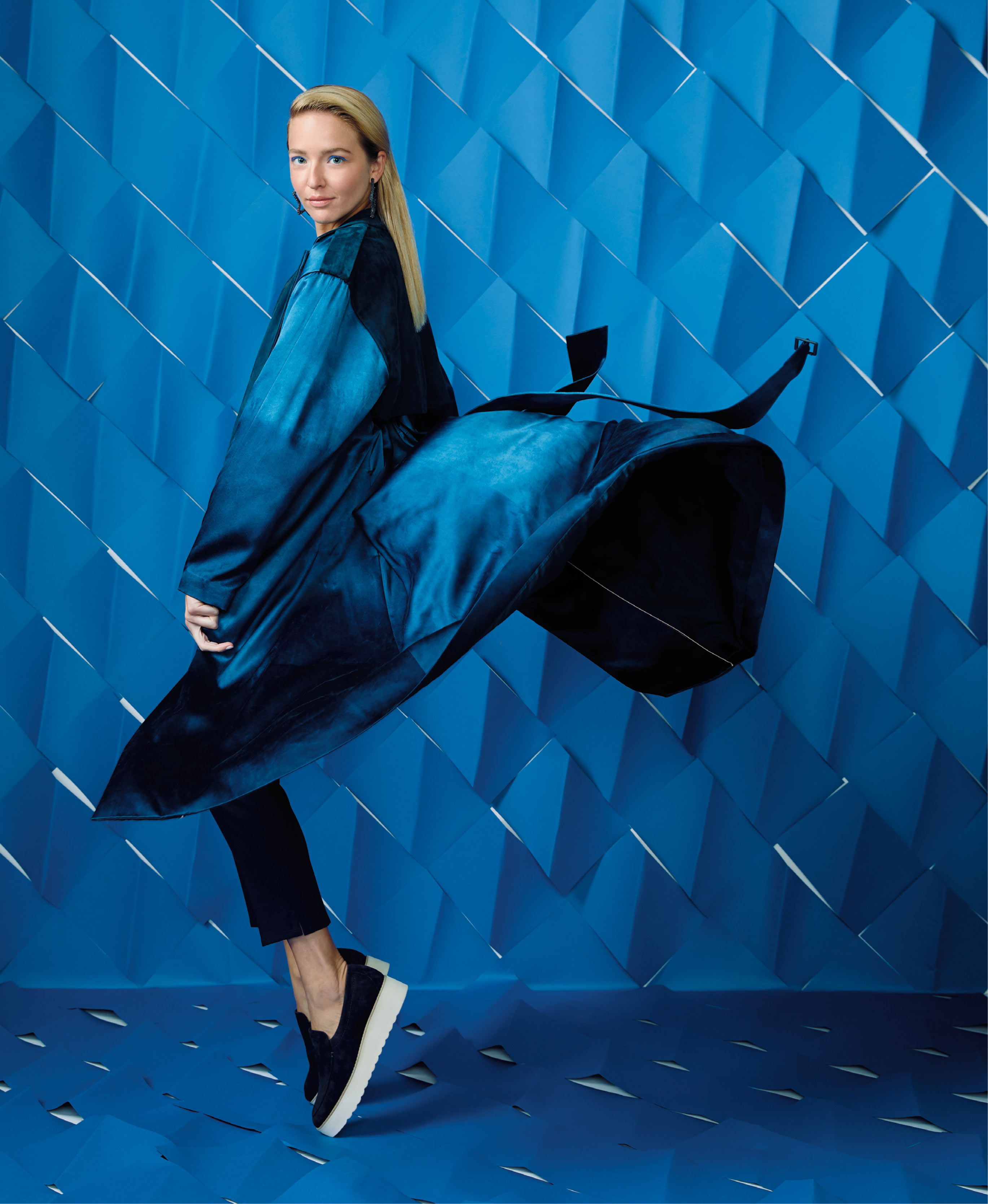 Indigo Girl - Alejandra Alonso Rojas “Diana” hand-dyed indigo silk trench coat, $2,195 at RTW; Jude Connally “Olivia” ankle pants, $178 at Jude Connally; Allie Beads beaded star hoops, $46 at Rhodes Boutique; Vince “Zeta” platform loafers in “Coastal,” $275 at Shoes on King