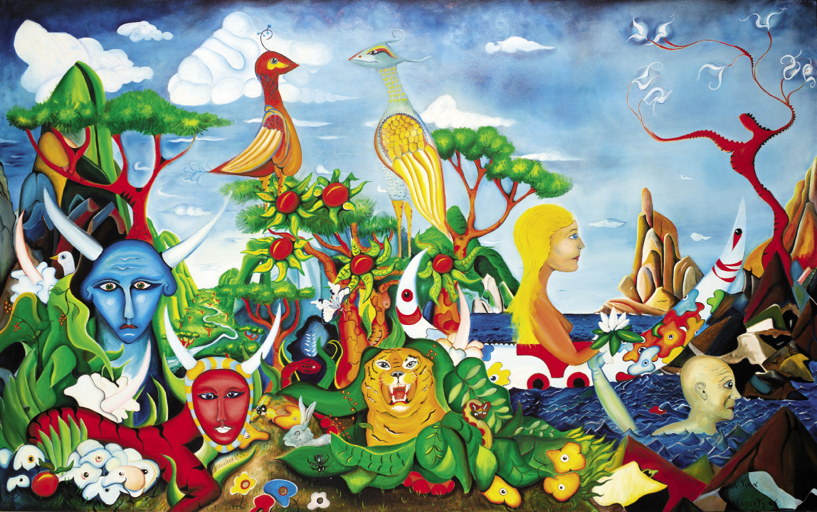 Hagerty’s richly symbolic surrealistic images are inspired by his musings and rigorous study of various fields and practices: philosophy, mythology, religion, Jungian psychology, physics, and meditation. Volition (2006, oil on canvas, 60 x 96 inches)