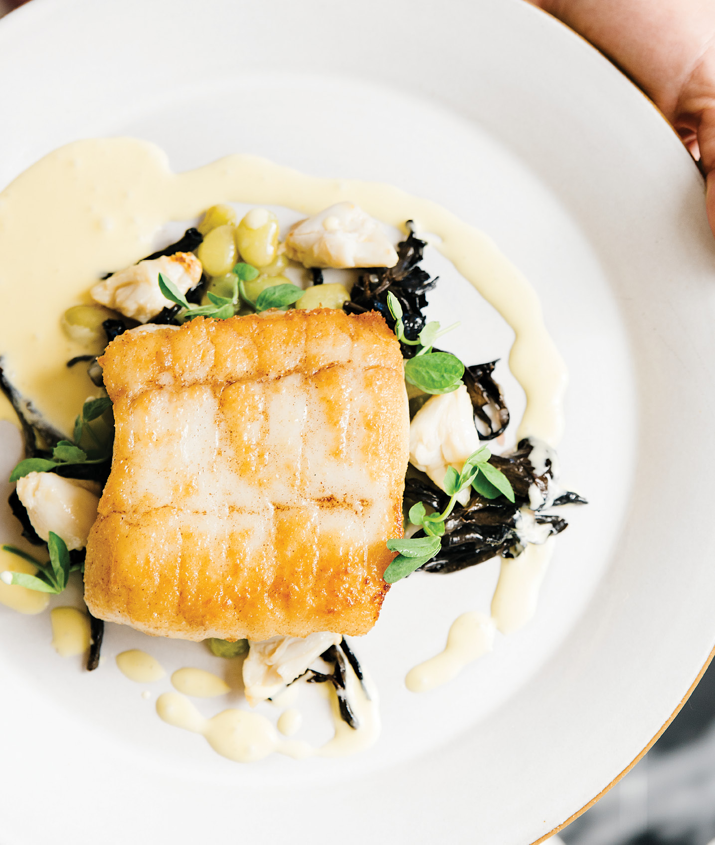 Seared to Perfection:  Flounder Pontchartrain served with chanterelles, blue crab, local legumes, and a sabayon sauce