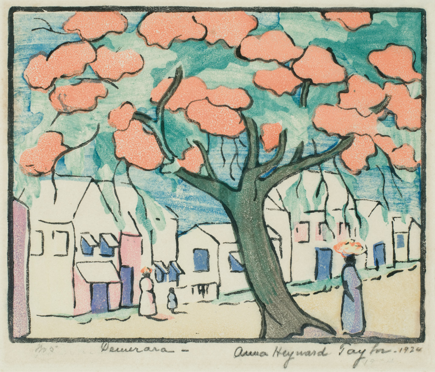 Taylor arrived in Georgetown, British Guiana, with Beebe’s expedition team in 1916. Eight years later, she produced this woodblock print on paper, titled Demerara for that region of the South American colony.