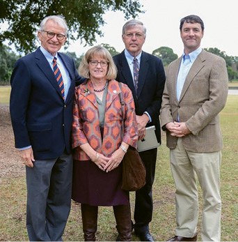 Former Mayor Joe Riley and Charleston Parks Conservancy director Harry Lesesne with the Messners during the Hampton Park Wi-Fi wire-cutting ceremony