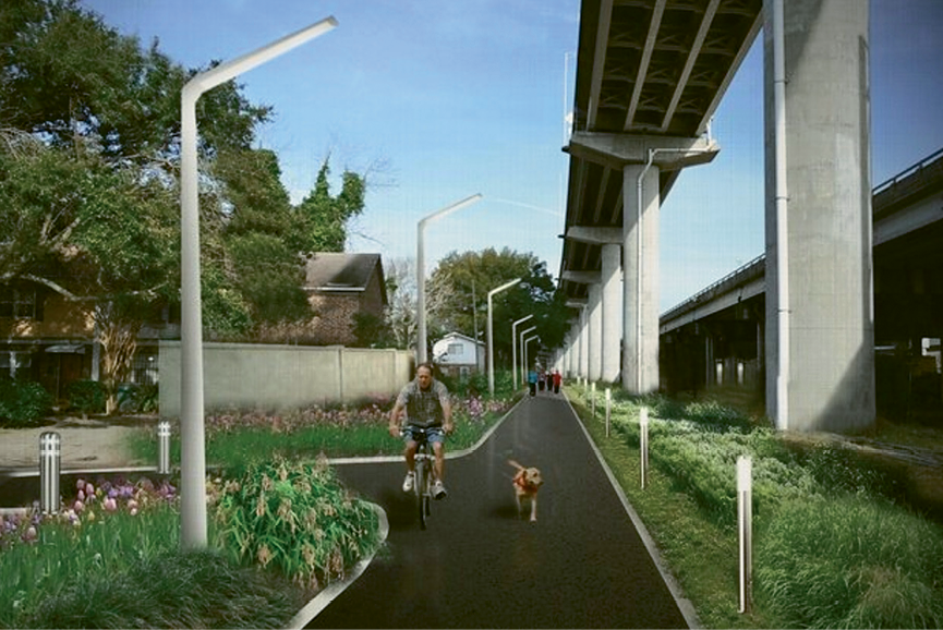 An early rendering of what the Low Line could be: Currently barren and blighted, the abandoned Norfolk Southern rail lines that run beneath I-26 through the heart of downtown will be reclaimed and turned into a multi-use linear park, connecting the Neck and the lower peninsula and adding much needed recreational and bike/pedestrian access through what is now no man’s land.