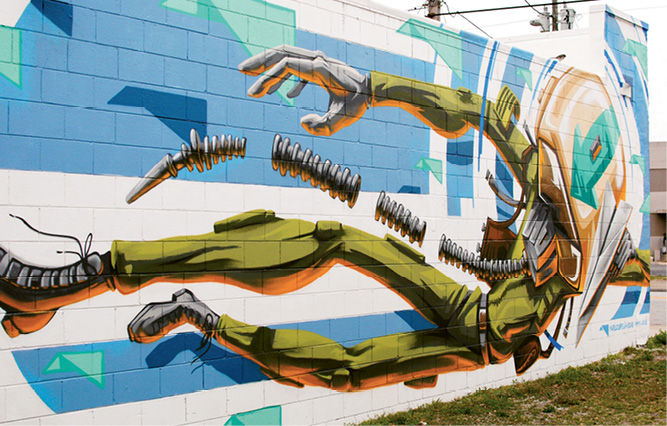 Tua Lingua (1813 Reynolds Ave.) with a mural by Karl Zurfluh