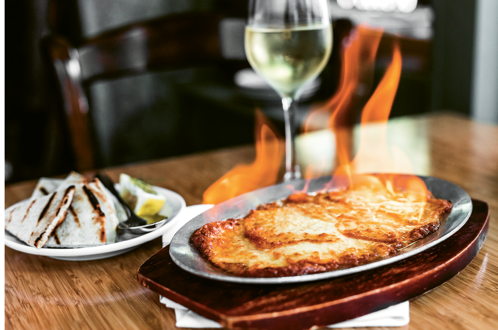 Saganaki, a flaming cheese starter made with sheep’s milk