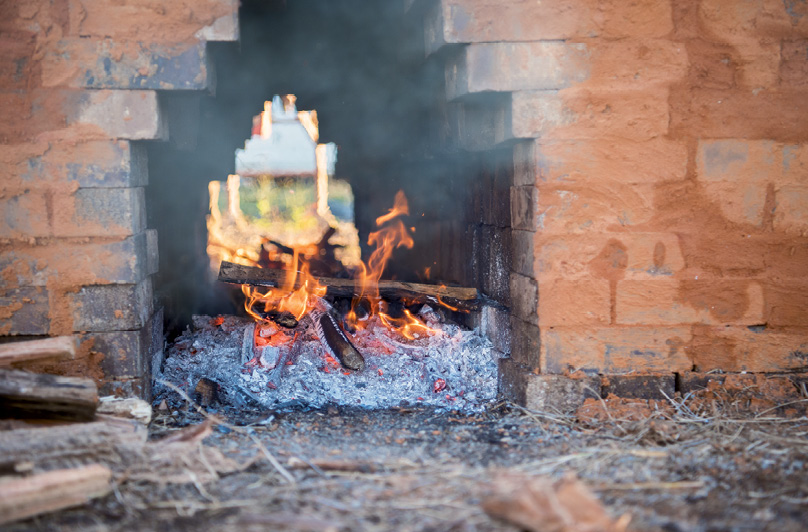 Fire bakes the bricks for three days.