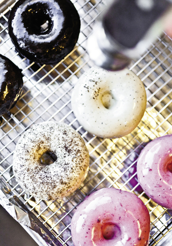 dark chocolate, cappuccino glaze with espresso dust, and lingonberry doughnuts