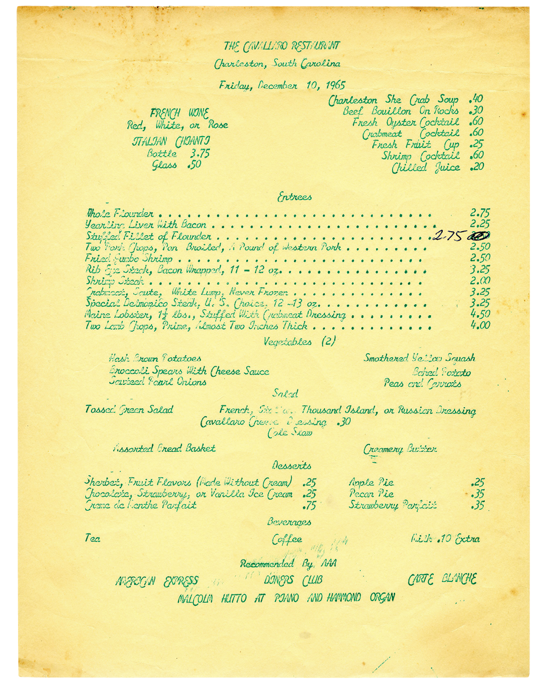 The Cavallaro menu