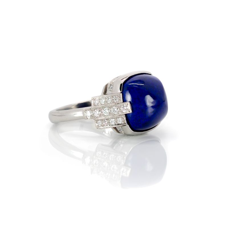 Kiersten Elizabeth Fine Jewelry 8.83 ct Sugarloaf cushion-cut lapis and 0.50 ct diamonds in platinum ring, $6,375 at kierstenelizabethfinejewelry.com