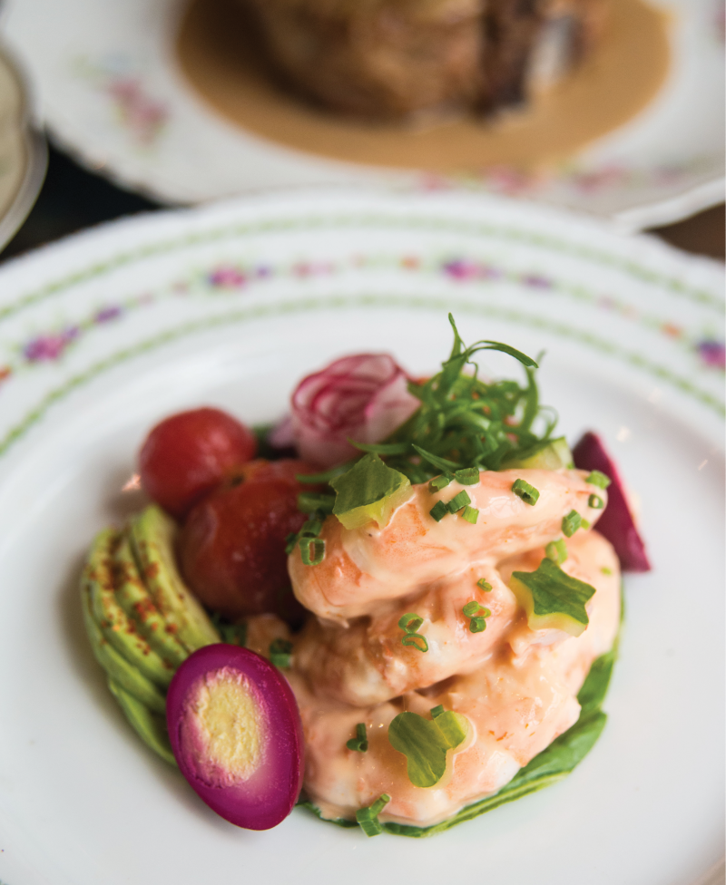 A kaleidoscope of flavors and colors characterizes McCrady’s Tavern’s dressed shrimp appetizer, which blends the creamy shellfish with beet-pickled quail egg, Espelette-spiked avocado, au natural tomatoes, and cucumber cutouts.