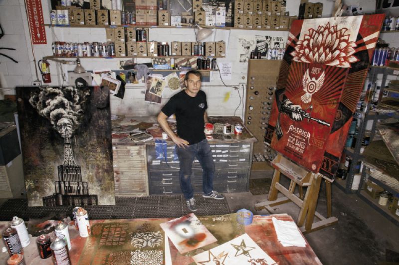 Fairey in his L.A. studio at work on “Power &amp; Glory”