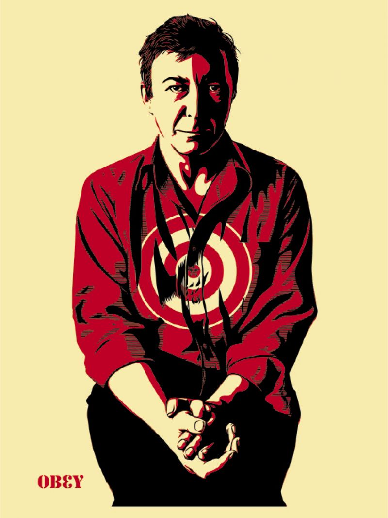 Fairey created these Warhol-esque prints of his “hero,” Jasper Johns, emblazoned with Johns’ well-known target in 2010. Jasper Johns (Red) and Jasper Johns (Cream), screen prints, 18 x 24 inches, based on a photograph by Michael Tighe