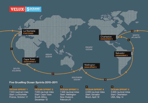 The Race Route: Velux 5 Oceans. After departing from La Rochelle, France, competitors circumnavigate the globe across five oceans, stopping in five ports along the way: Cape Town, South Africa; Wellington, New Zealand; Salvador, Brazil; Charleston, South Carolina; then back to La Rochelle. Boats will begin arriving in Charleston around April 25 and leave May 14 on the final leg back to France. The Van Liews plan to be highly involved in the Lowcountry stop. Image courtesy of <a href="http://www.velux5oceans.com">www.velux5oceans.com</a>
