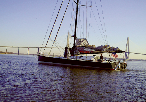 Marine Corps: For two months this winter, Brad and his crew took turns sailing the Open 60 yacht across the Atlantic to Detyens Shipyards. Photograph by Pepe Hernandez.